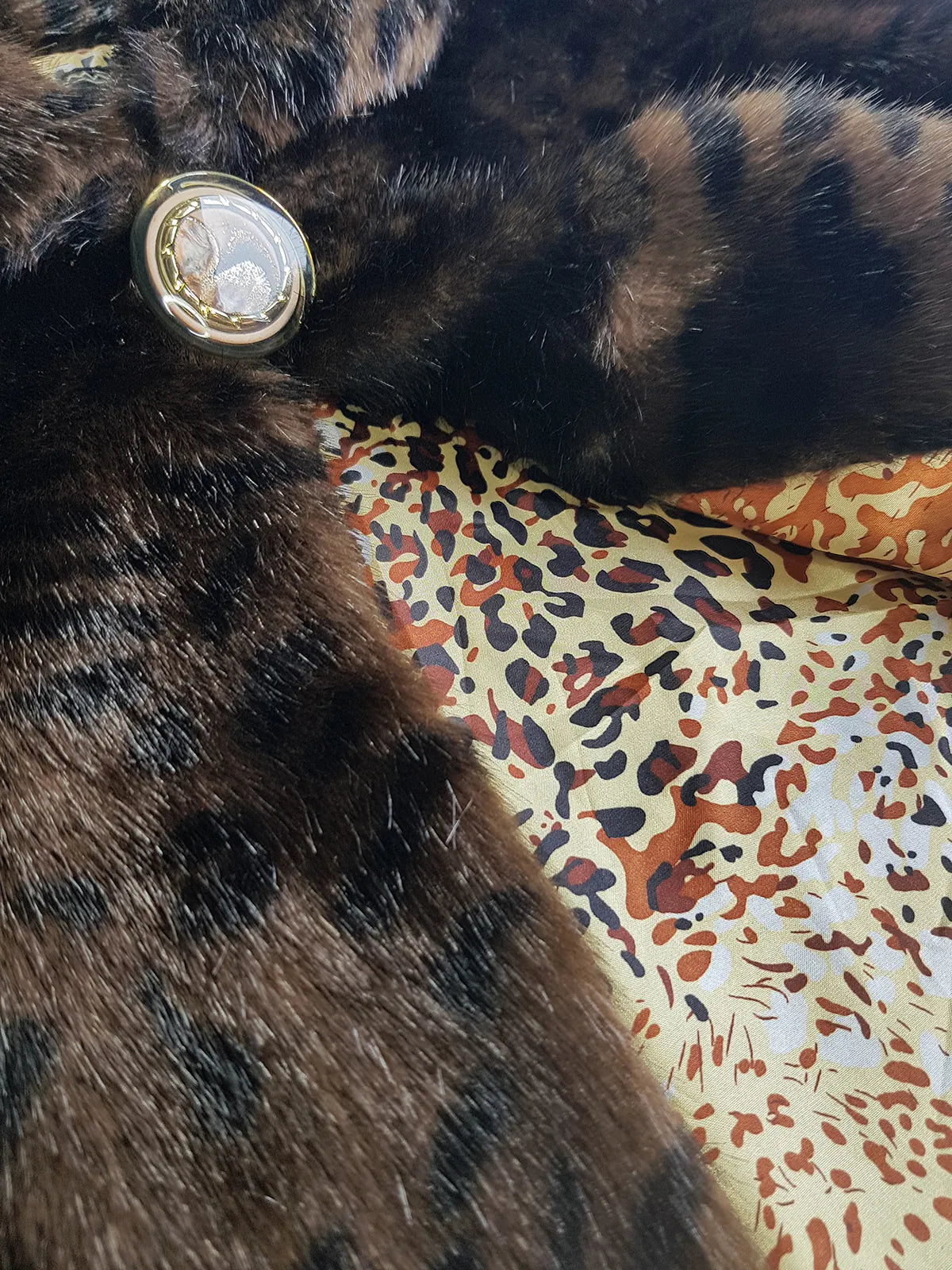 Vintage Leopard Cape with Collar - Iconic Sparkly Buttons- Vegan Fur - Satin Leopard Print Lining