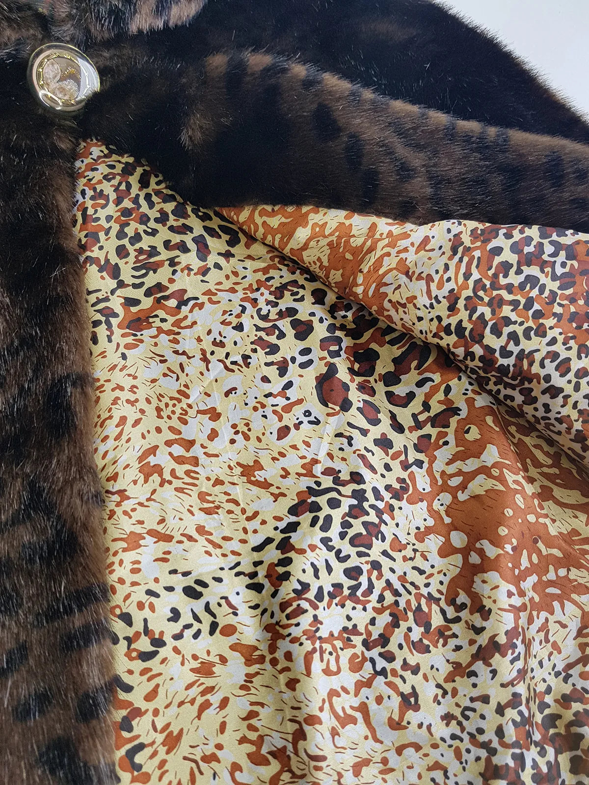 Vintage Leopard Cape with Collar - Iconic Sparkly Buttons- Vegan Fur - Satin Leopard Print Lining