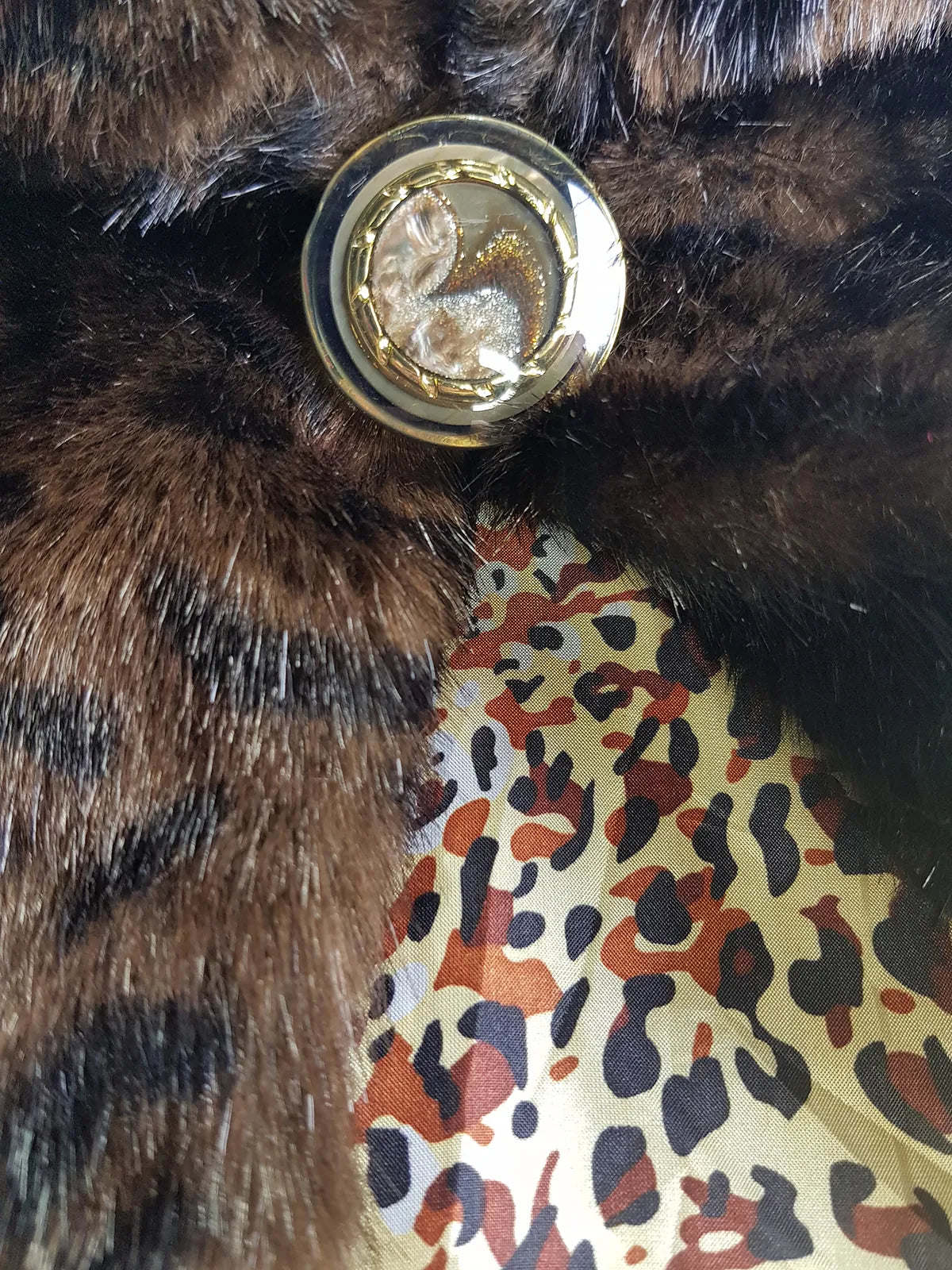 Vintage Leopard Cape with Collar - Iconic Sparkly Buttons- Vegan Fur - Satin Leopard Print Lining