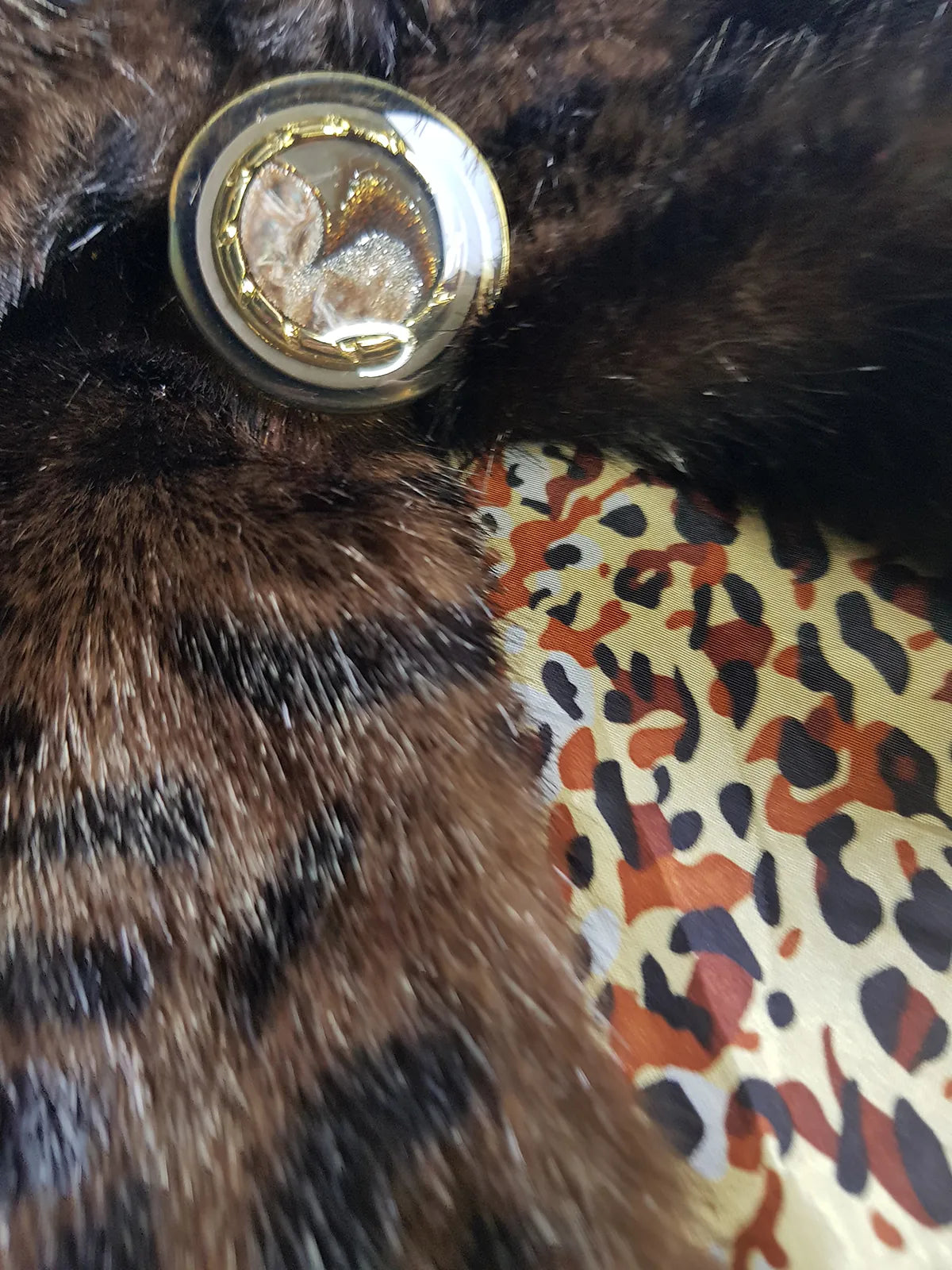 Vintage Leopard Cape with Collar - Iconic Sparkly Buttons- Vegan Fur - Satin Leopard Print Lining