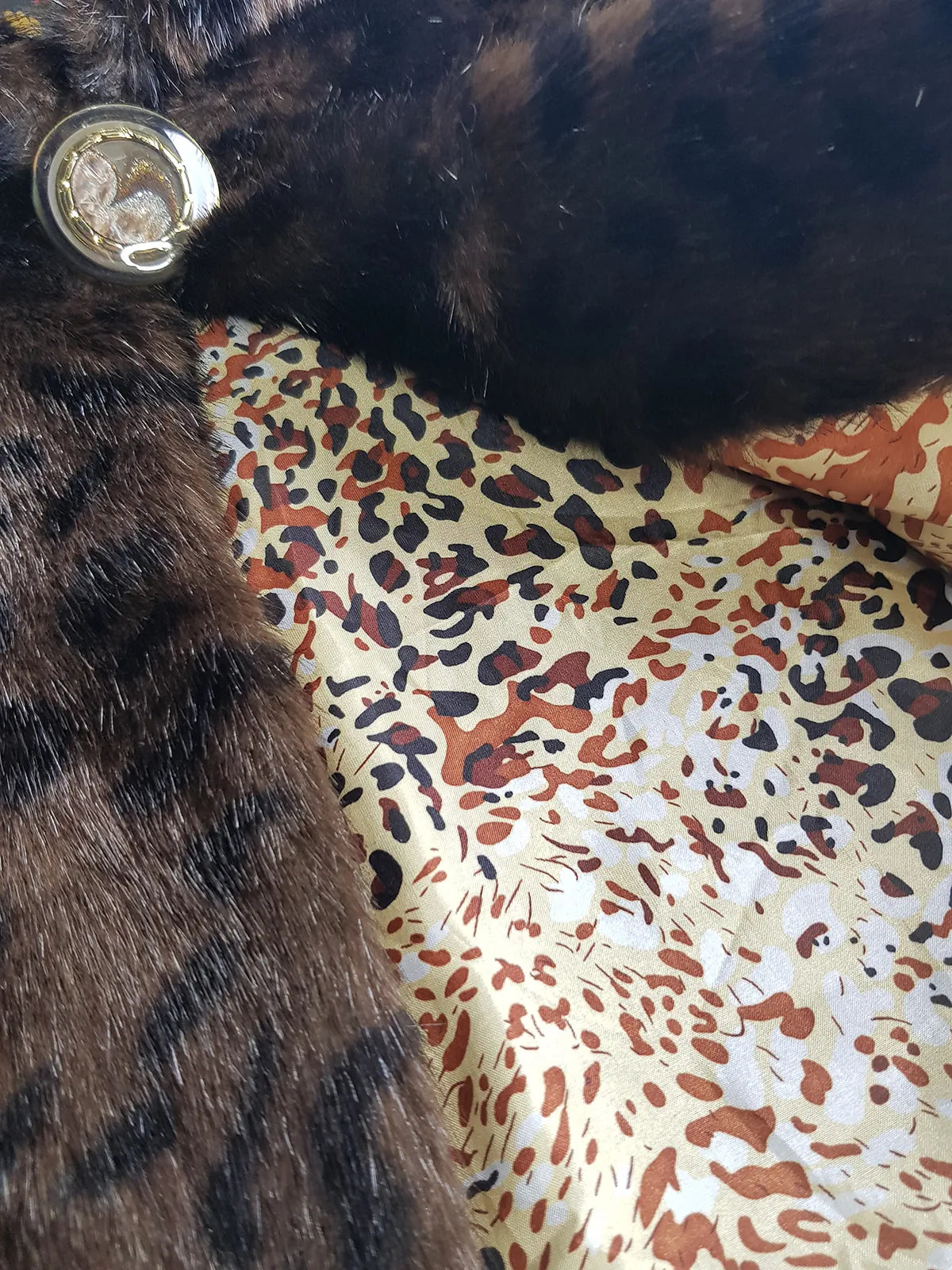 Vintage Leopard Cape with Collar - Iconic Sparkly Buttons- Vegan Fur - Satin Leopard Print Lining