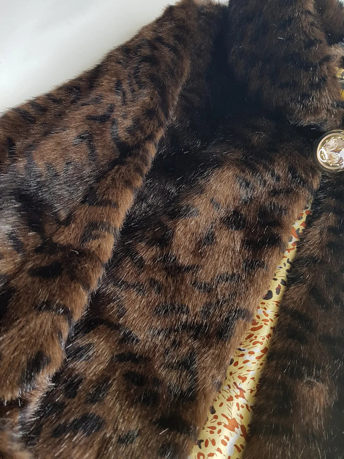 Vintage Leopard Cape with Collar - Iconic Sparkly Buttons- Vegan Fur - Satin Leopard Print Lining