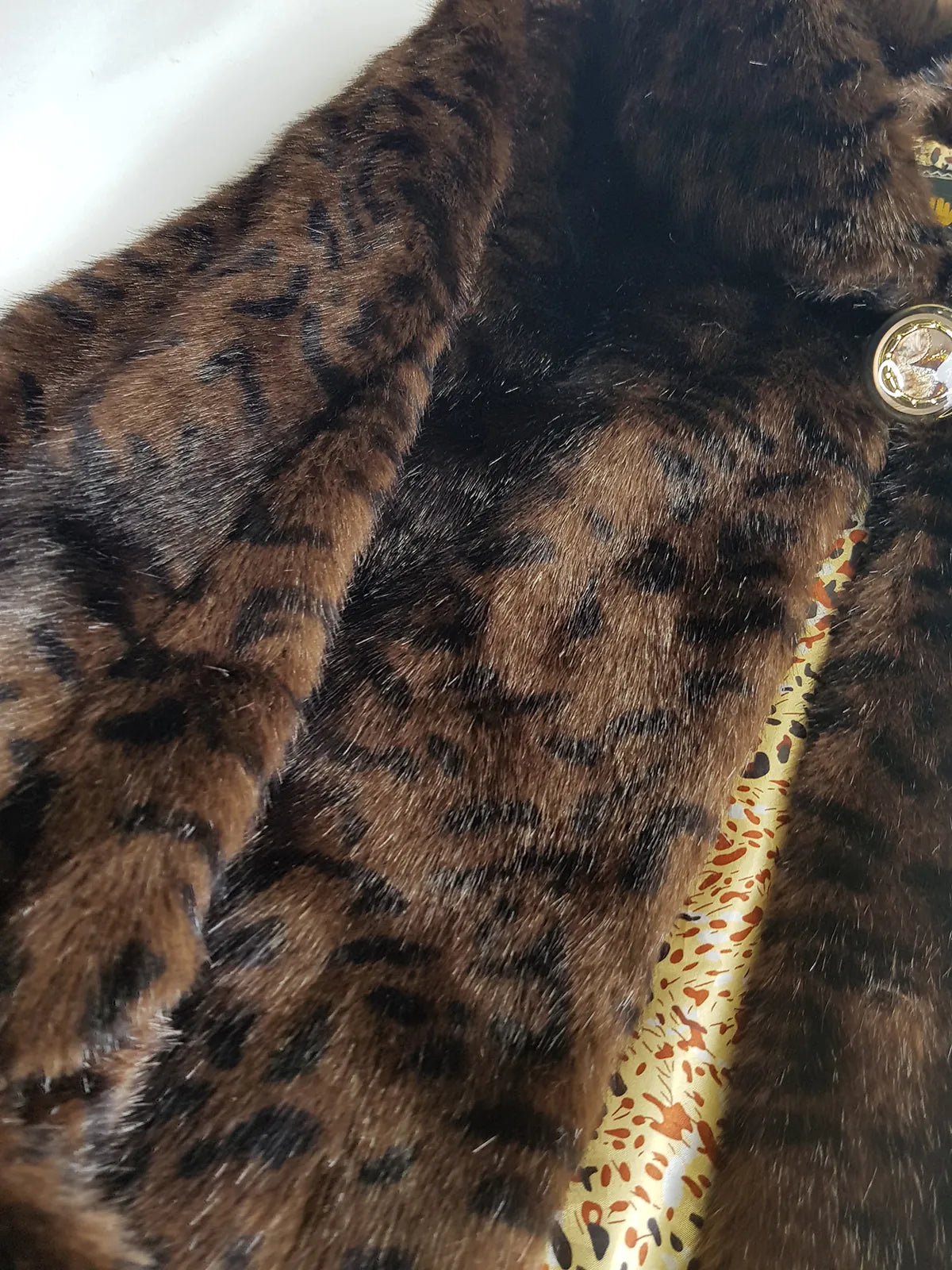 Vintage Leopard Cape with Collar - Iconic Sparkly Buttons- Vegan Fur - Satin Leopard Print Lining