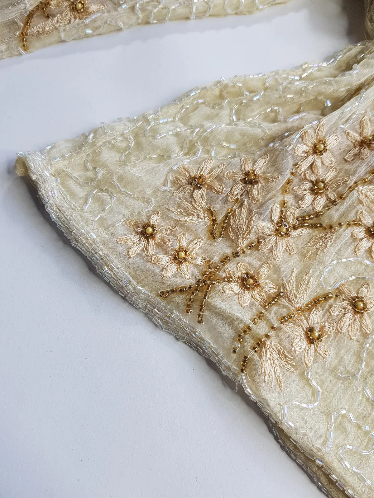 Vintage Ethereal 100% Silk - Bridal Quality Cream & Gold Flowers - Handmade Fully Beaded Jacket