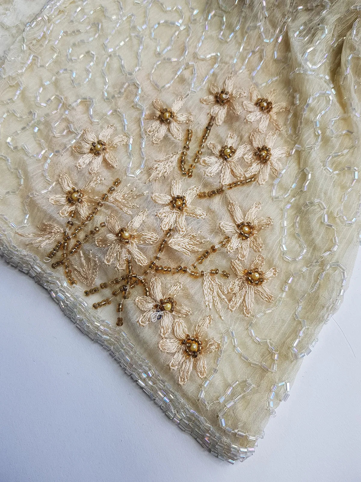 Vintage Ethereal 100% Silk - Bridal Quality Cream & Gold Flowers - Handmade Fully Beaded Jacket
