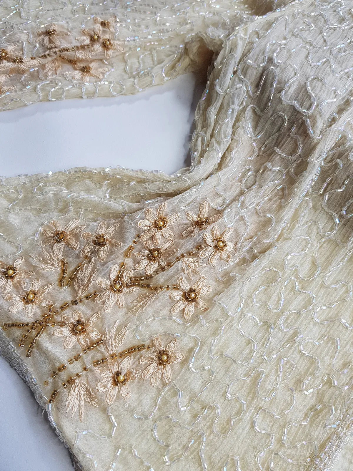 Vintage Ethereal 100% Silk - Bridal Quality Cream & Gold Flowers - Handmade Fully Beaded Jacket