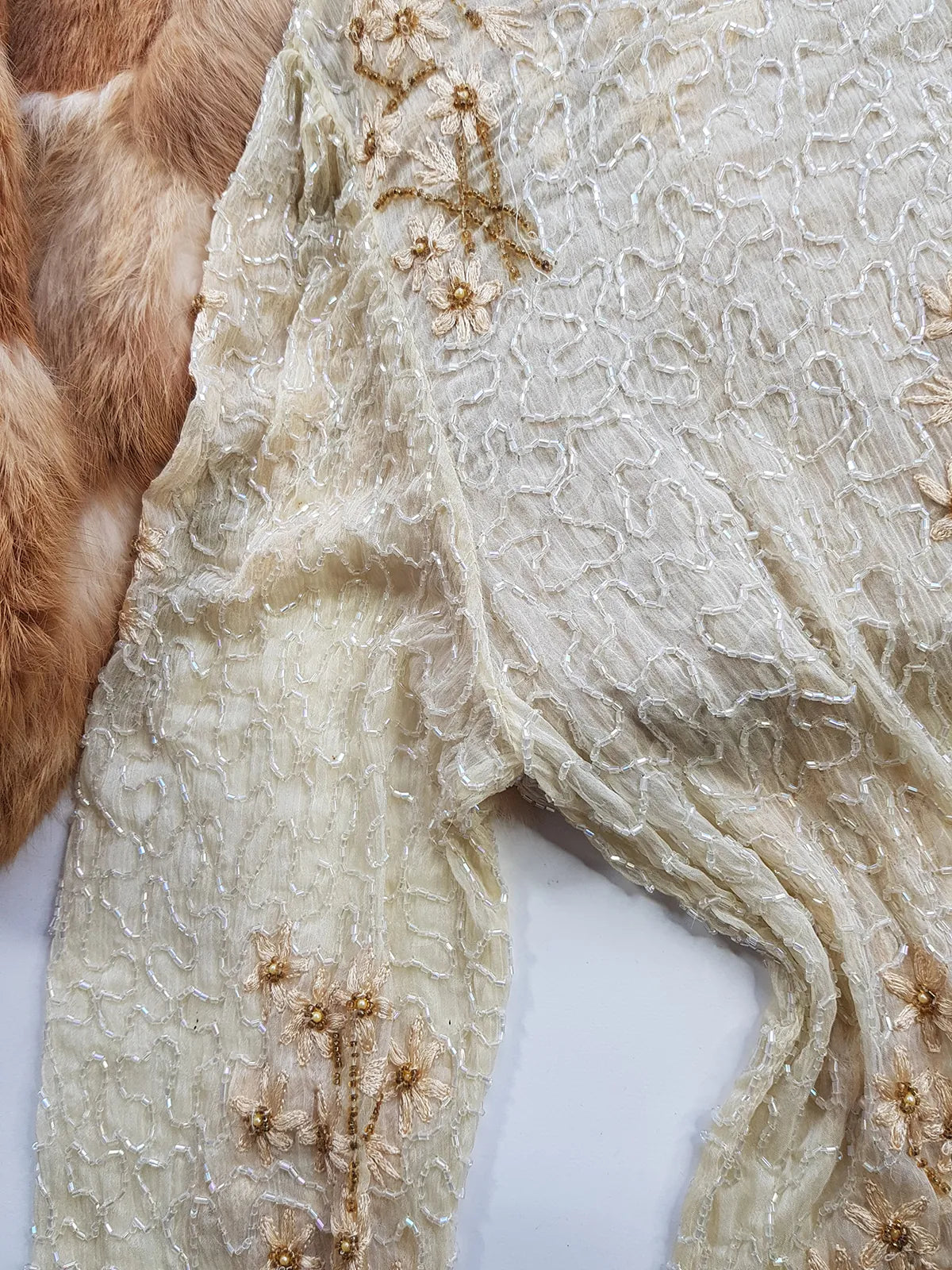 Vintage Ethereal 100% Silk - Bridal Quality Cream & Gold Flowers - Handmade Fully Beaded Jacket