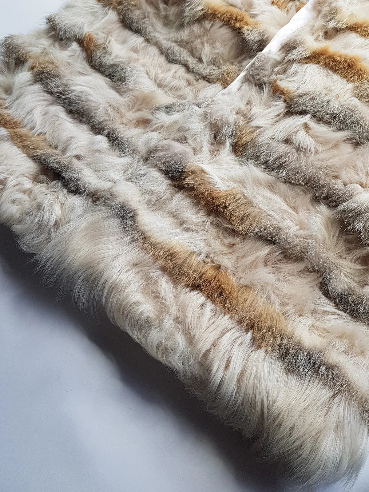 1960s Vintage Fox Fur & Curly Lamswool Coat - Very Light with Super Soft Contrasting Layers of Fur - Cream & Caramel Brown Tones - Elbow Length Sleeves