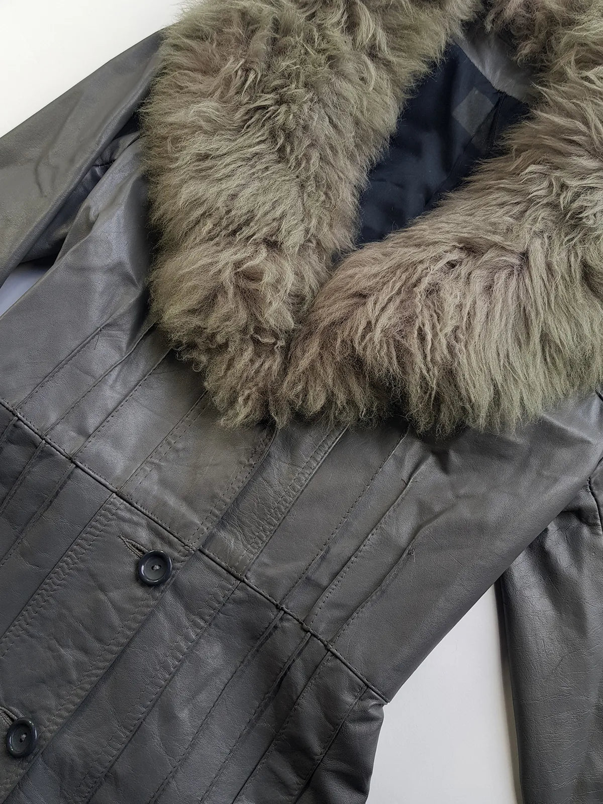 1970s Grey Spy Coat with Fur Collar - Penny Lane Almost Famous Leather Coat - Beautiful Leather Panelling & Perfect Knee Length