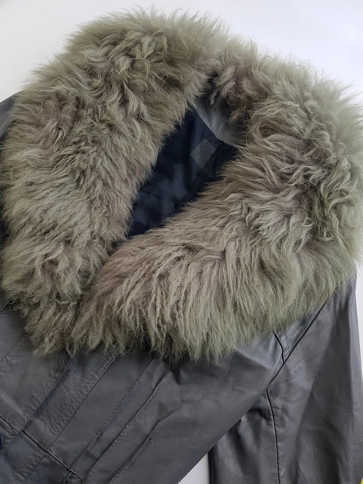 1970s Grey Spy Coat with Fur Collar - Penny Lane Almost Famous Leather Coat - Beautiful Leather Panelling & Perfect Knee Length