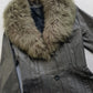 1970s Grey Spy Coat with Fur Collar - Penny Lane Almost Famous Leather Coat - Beautiful Leather Panelling & Perfect Knee Length