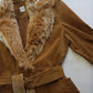 Vintage 2000s Perfect 100% Genuine Suede Jacket - Rich Tan - Tie Waist - Vegan Fur Collar
