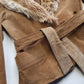 Vintage 2000s Perfect 100% Genuine Suede Jacket - Rich Tan - Tie Waist - Vegan Fur Collar