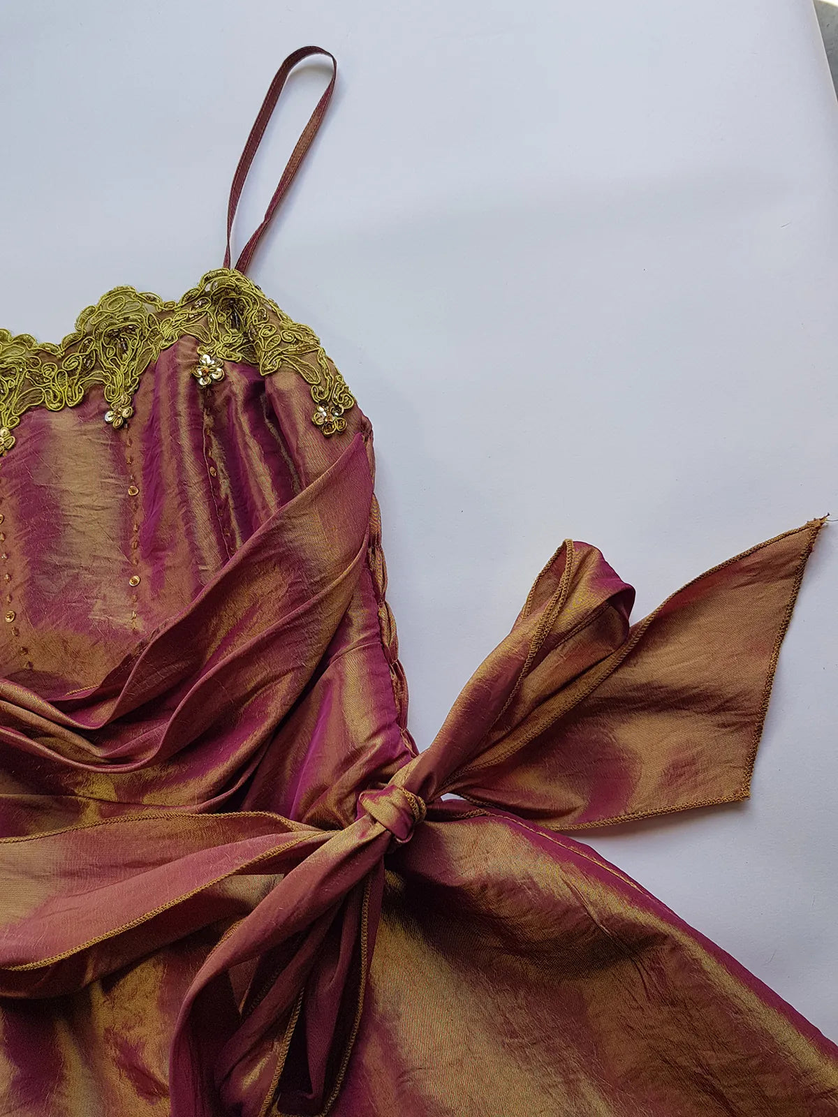 2000s Whimsical Iridescent Fairy Dress in Colour Changing Rose Gold - Hand Beaded - Multi Tier Dress - Applique Lace in Gold - Shirred Detailing