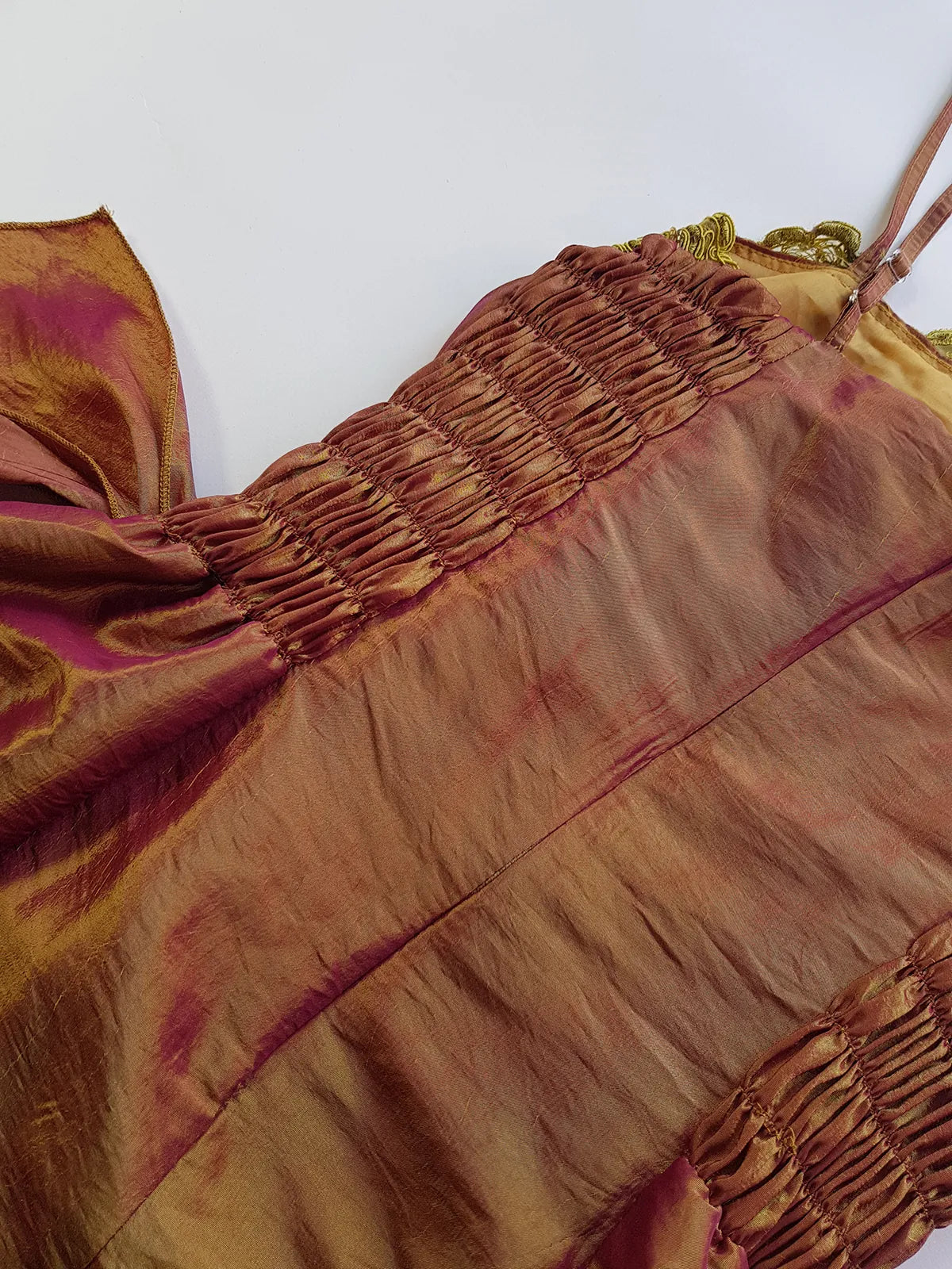 2000s Whimsical Iridescent Fairy Dress in Colour Changing Rose Gold - Hand Beaded - Multi Tier Dress - Applique Lace in Gold - Shirred Detailing