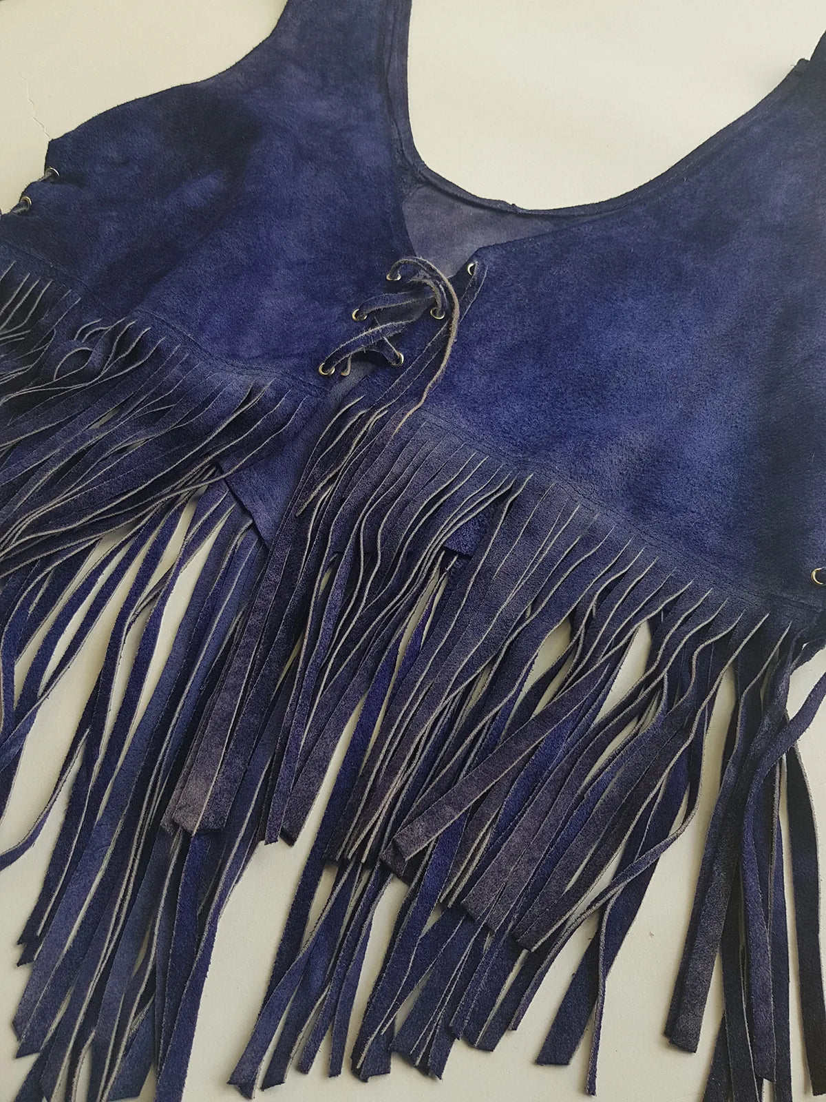 1970s Inky Blue Aged & Faded Soft Suede Tassel Vest -Buttery Soft - Ties at the Front & sides