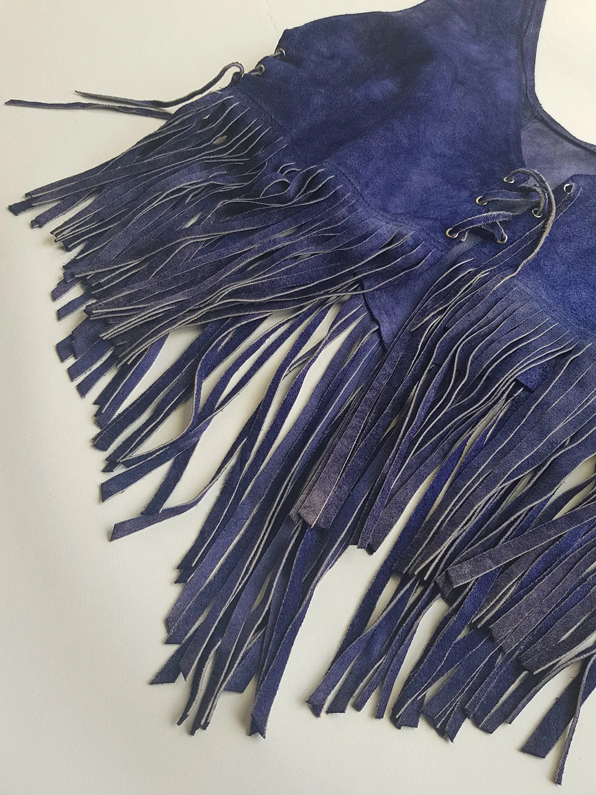 1970s Inky Blue Aged & Faded Soft Suede Tassel Vest -Buttery Soft - Ties at the Front & sides
