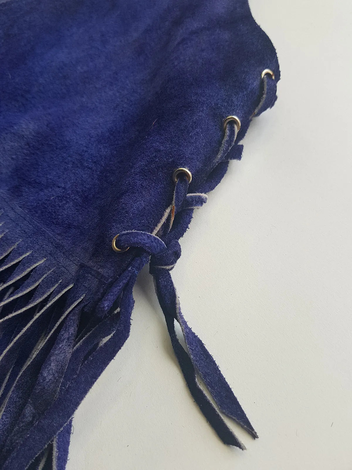 1970s Inky Blue Aged & Faded Soft Suede Tassel Vest -Buttery Soft - Ties at the Front & sides