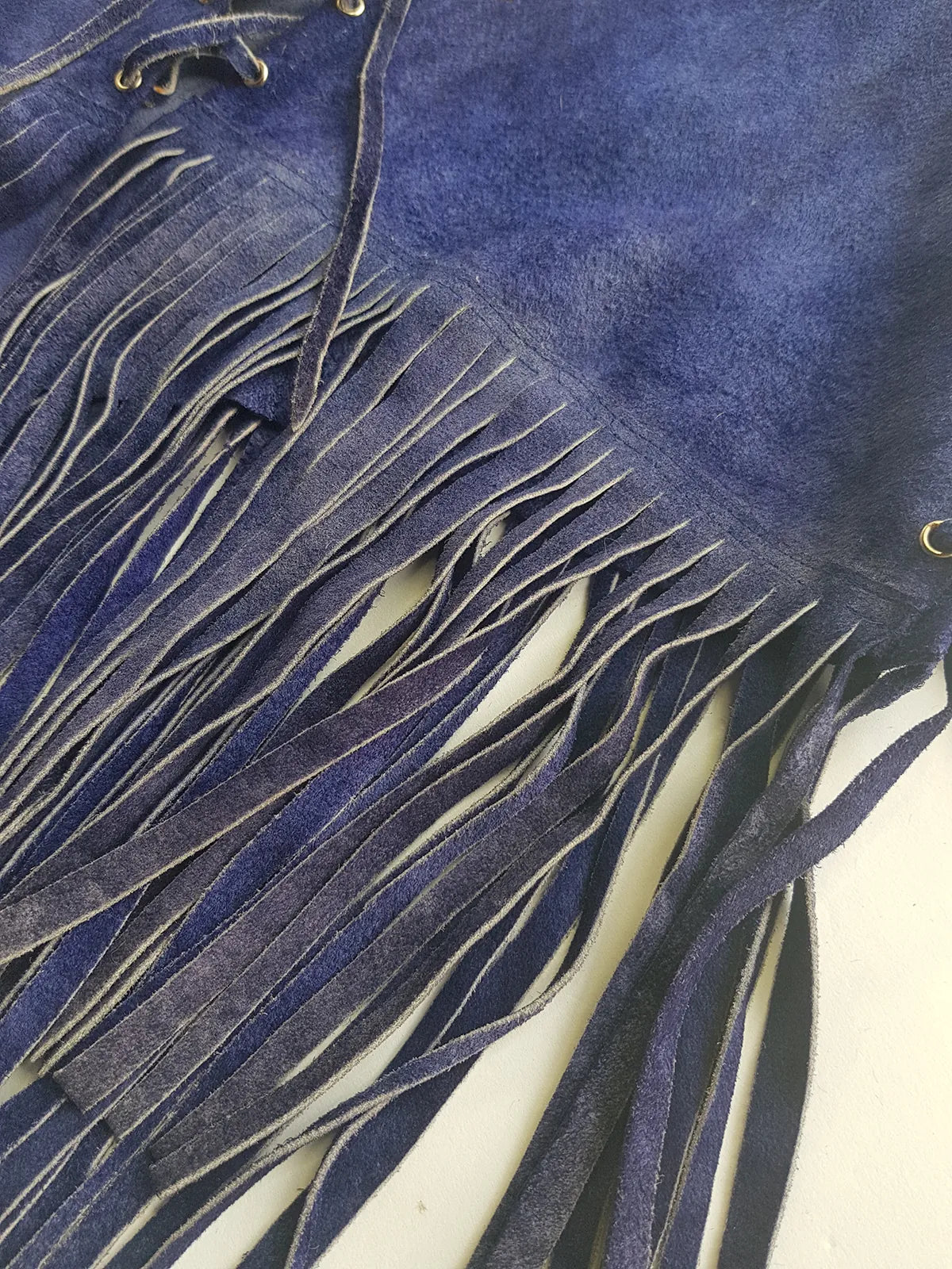 1970s Inky Blue Aged & Faded Soft Suede Tassel Vest -Buttery Soft - Ties at the Front & sides