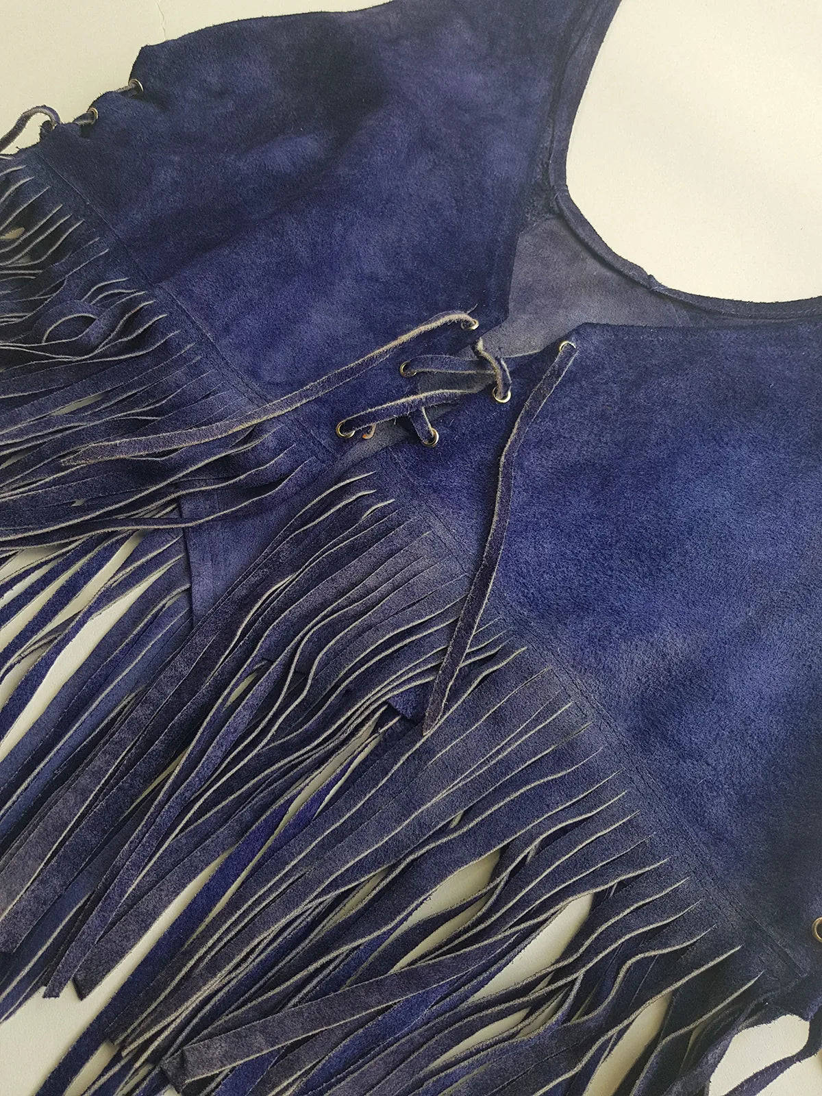 1970s Inky Blue Aged & Faded Soft Suede Tassel Vest -Buttery Soft - Ties at the Front & sides