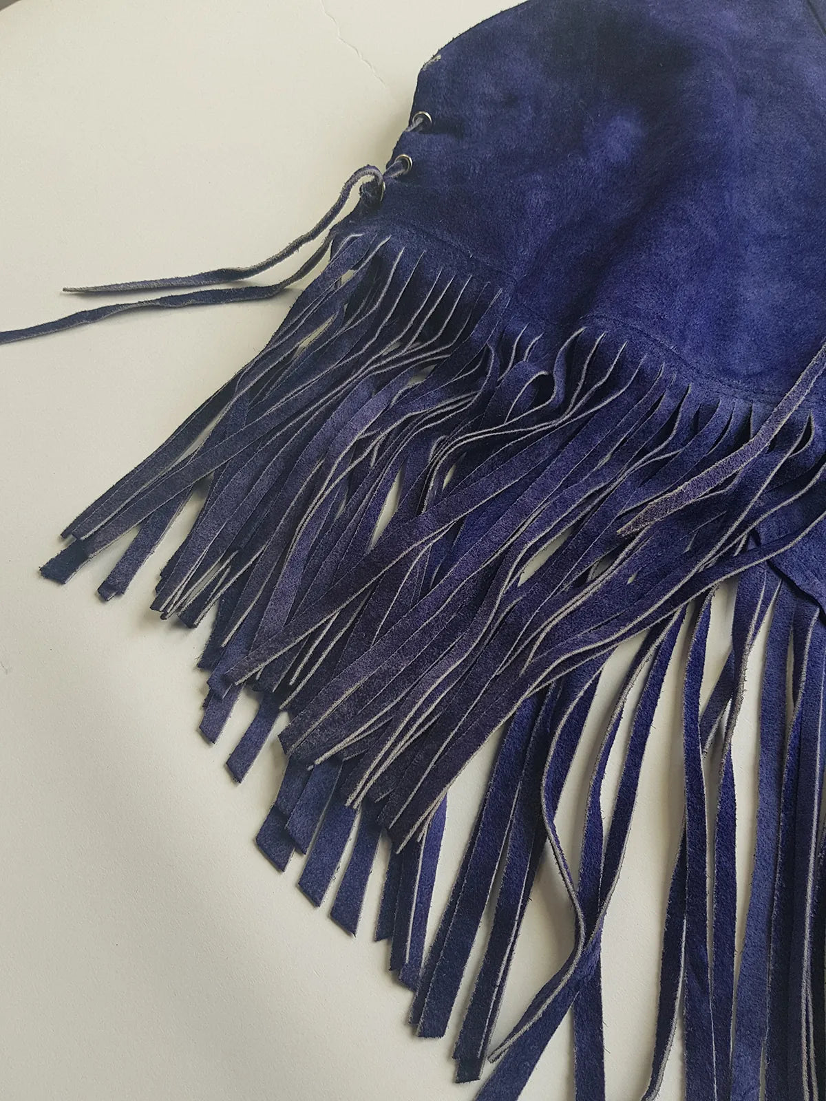 1970s Inky Blue Aged & Faded Soft Suede Tassel Vest -Buttery Soft - Ties at the Front & sides