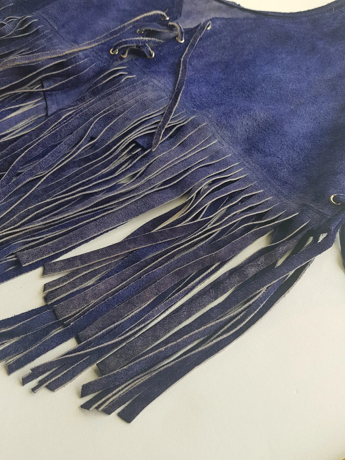 1970s Inky Blue Aged & Faded Soft Suede Tassel Vest -Buttery Soft - Ties at the Front & sides