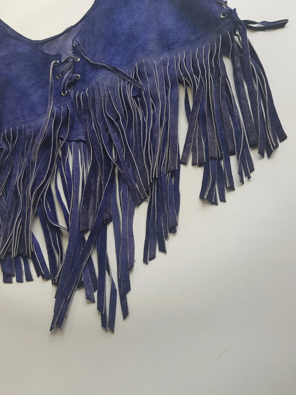 1970s Inky Blue Aged & Faded Soft Suede Tassel Vest -Buttery Soft - Ties at the Front & sides