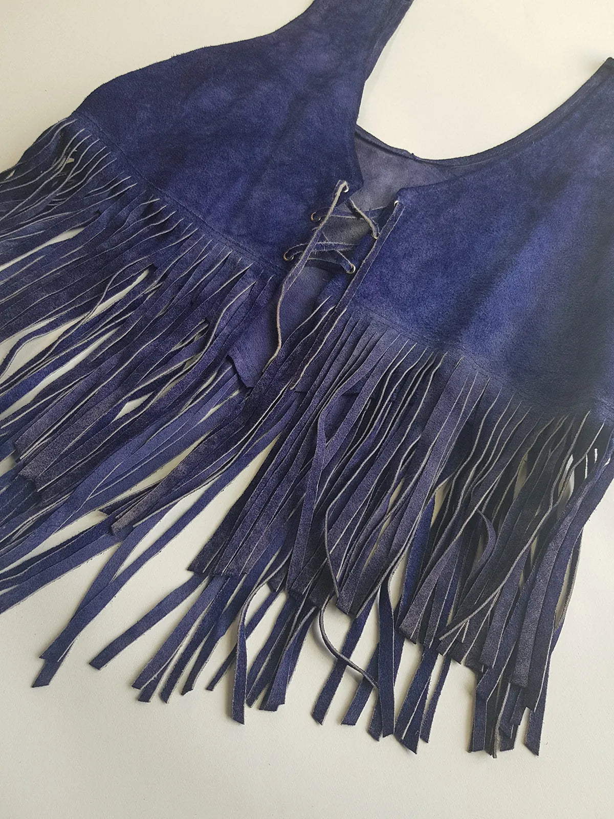 1970s Inky Blue Aged & Faded Soft Suede Tassel Vest -Buttery Soft - Ties at the Front & sides