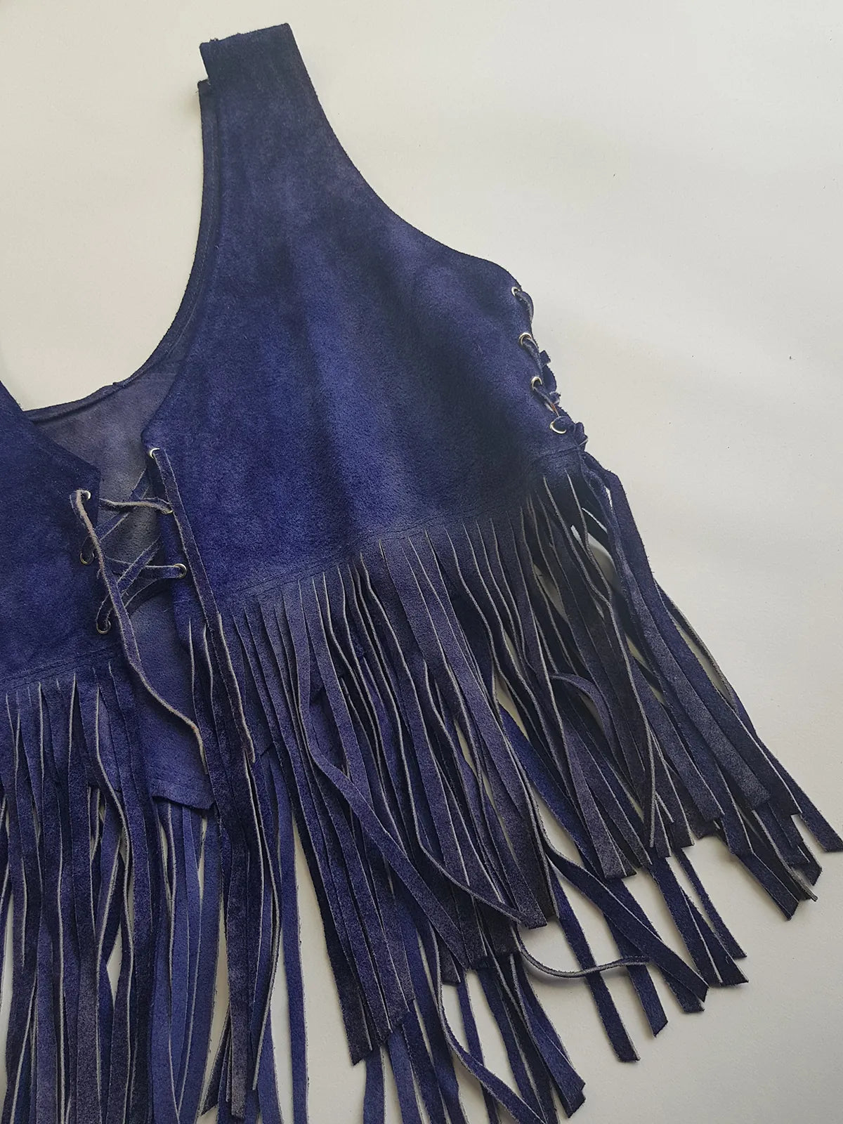 1970s Inky Blue Aged & Faded Soft Suede Tassel Vest -Buttery Soft - Ties at the Front & sides