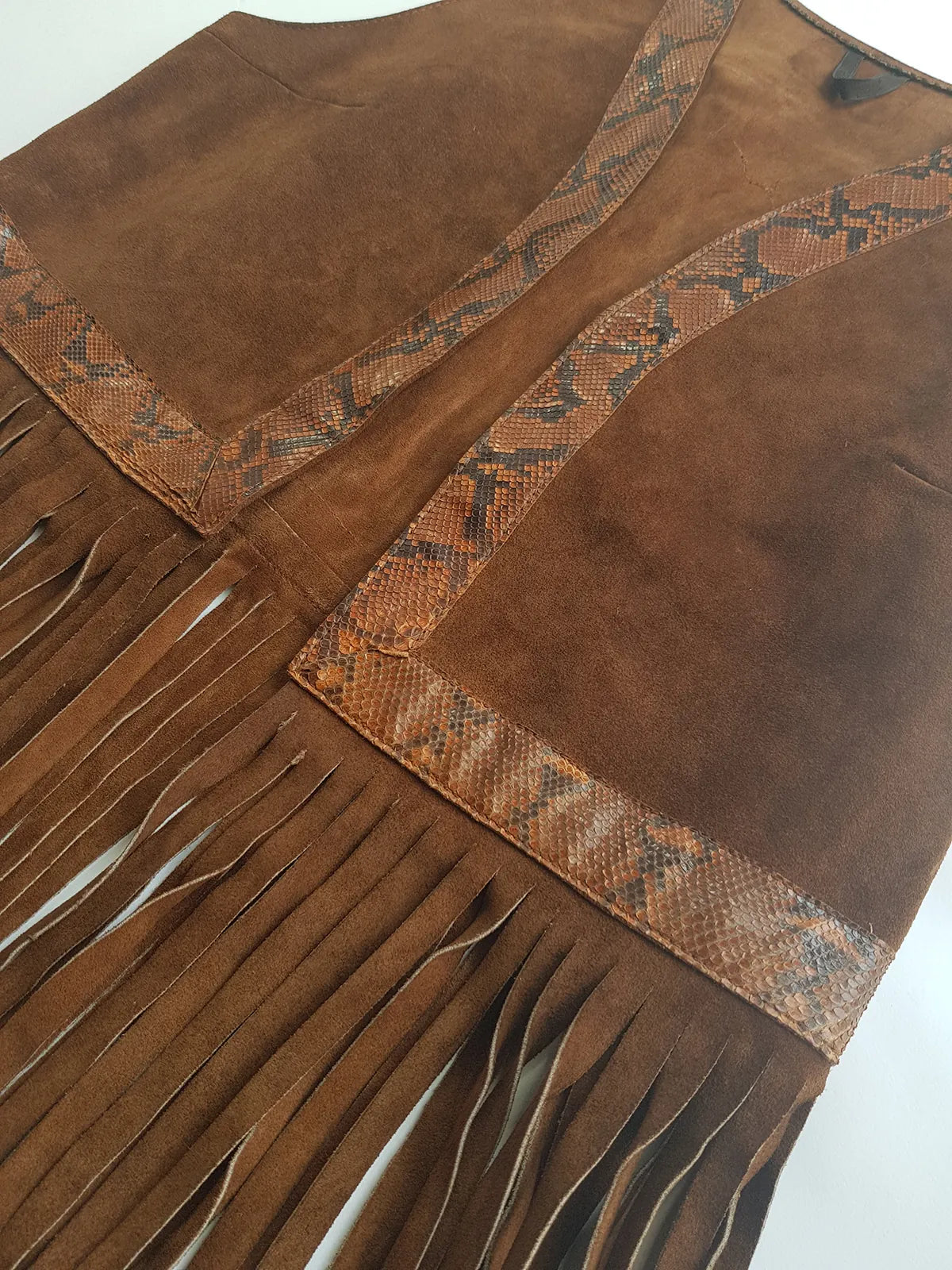 1970s Rich Tobacco Brown Soft Suede & Genuine Snakeskin Tassel Vest - Iconic Snakeskin Feature Borders
