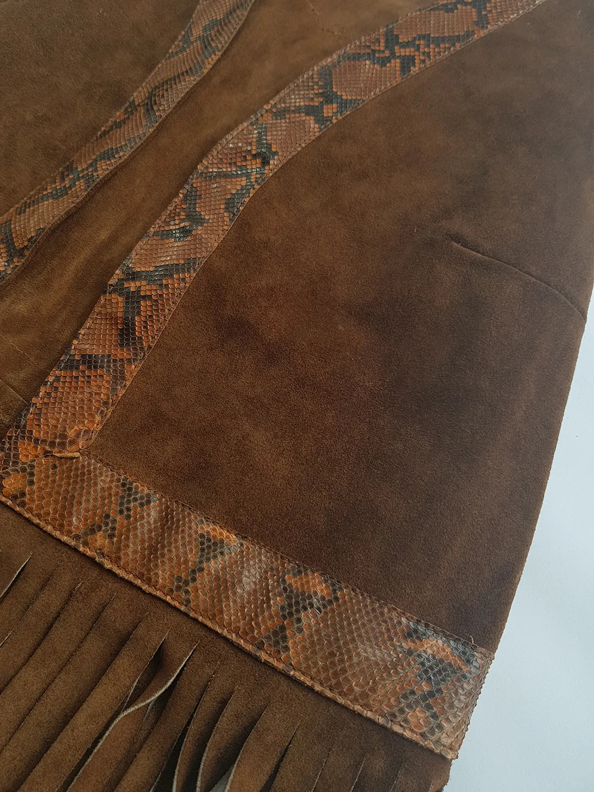 1970s Rich Tobacco Brown Soft Suede & Genuine Snakeskin Tassel Vest - Iconic Snakeskin Feature Borders