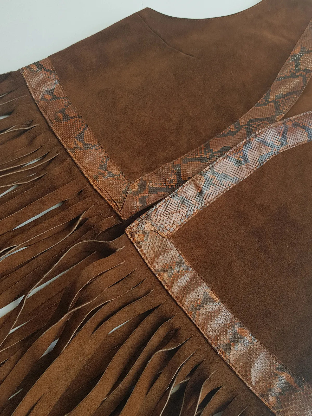 1970s Rich Tobacco Brown Soft Suede & Genuine Snakeskin Tassel Vest - Iconic Snakeskin Feature Borders