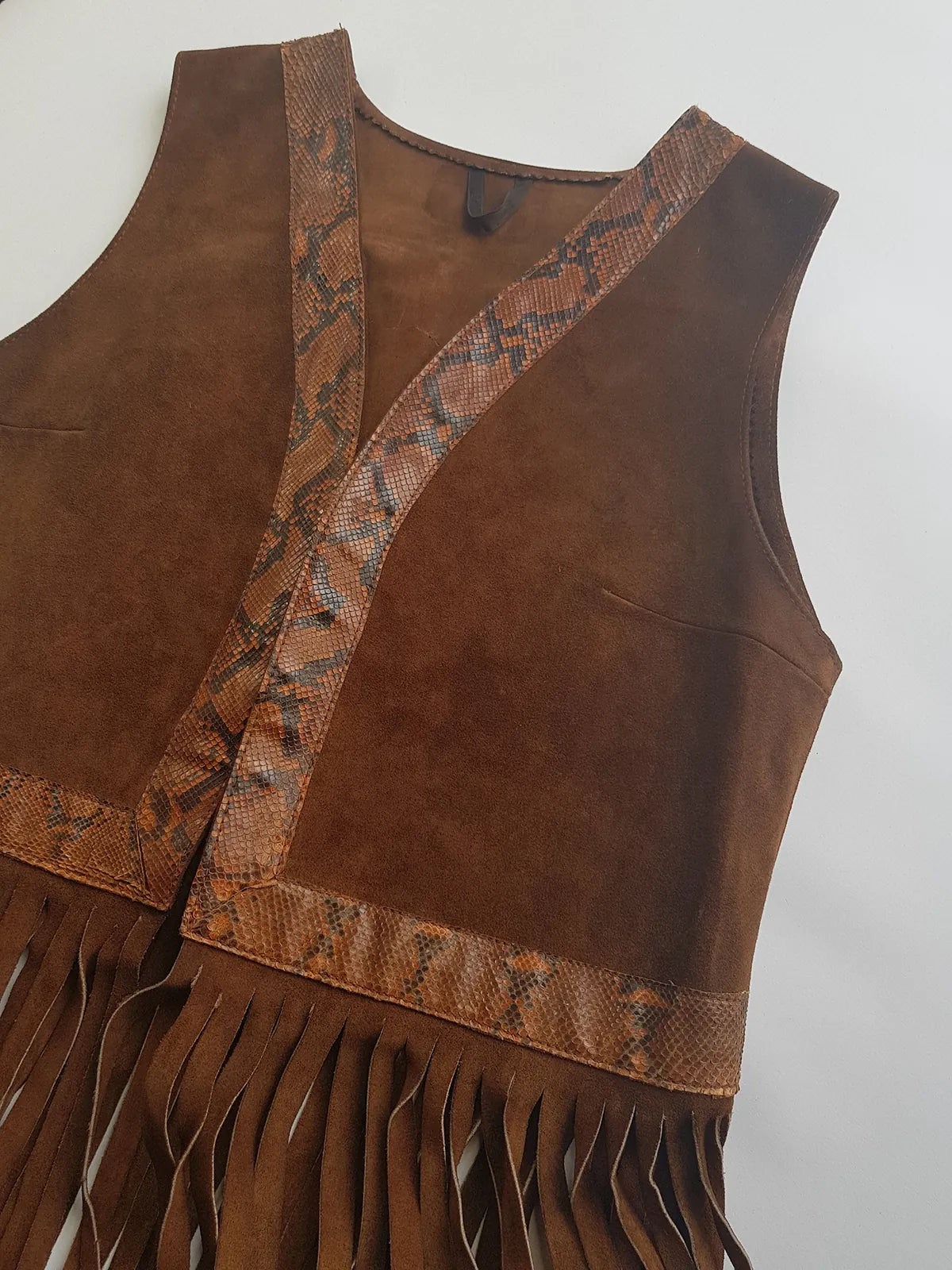 1970s Rich Tobacco Brown Soft Suede & Genuine Snakeskin Tassel Vest - Iconic Snakeskin Feature Borders