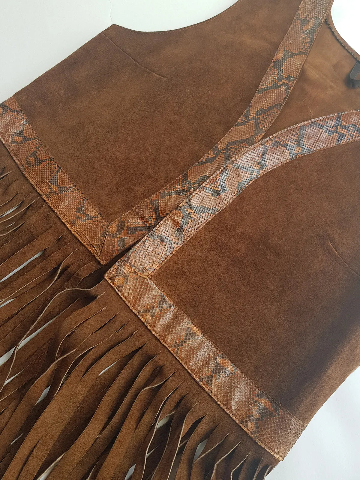 1970s Rich Tobacco Brown Soft Suede & Genuine Snakeskin Tassel Vest - Iconic Snakeskin Feature Borders