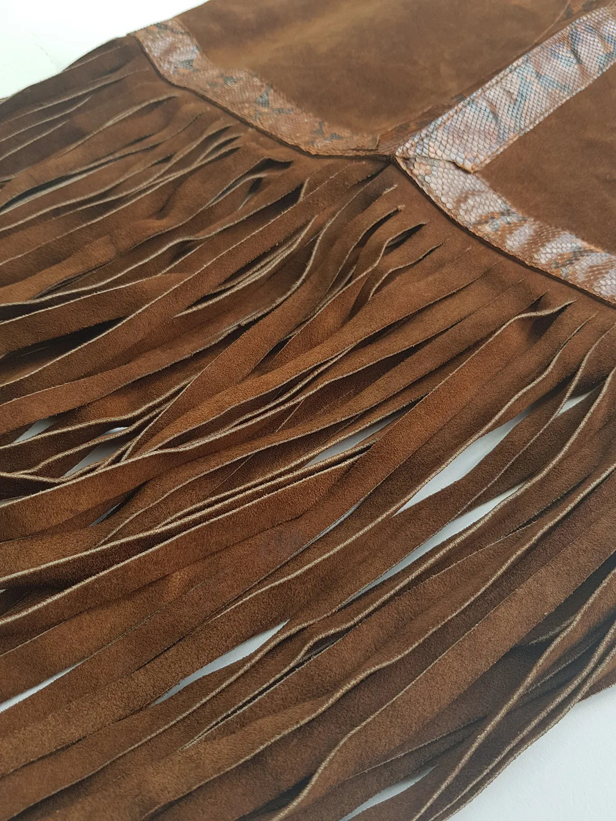 1970s Rich Tobacco Brown Soft Suede & Genuine Snakeskin Tassel Vest - Iconic Snakeskin Feature Borders