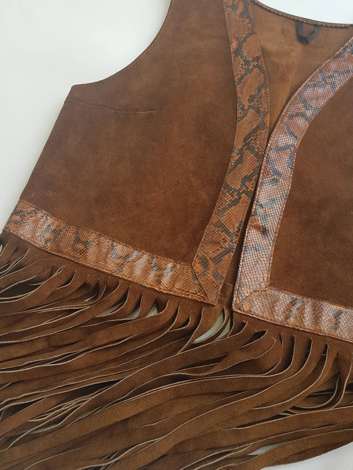 1970s Rich Tobacco Brown Soft Suede & Genuine Snakeskin Tassel Vest - Iconic Snakeskin Feature Borders