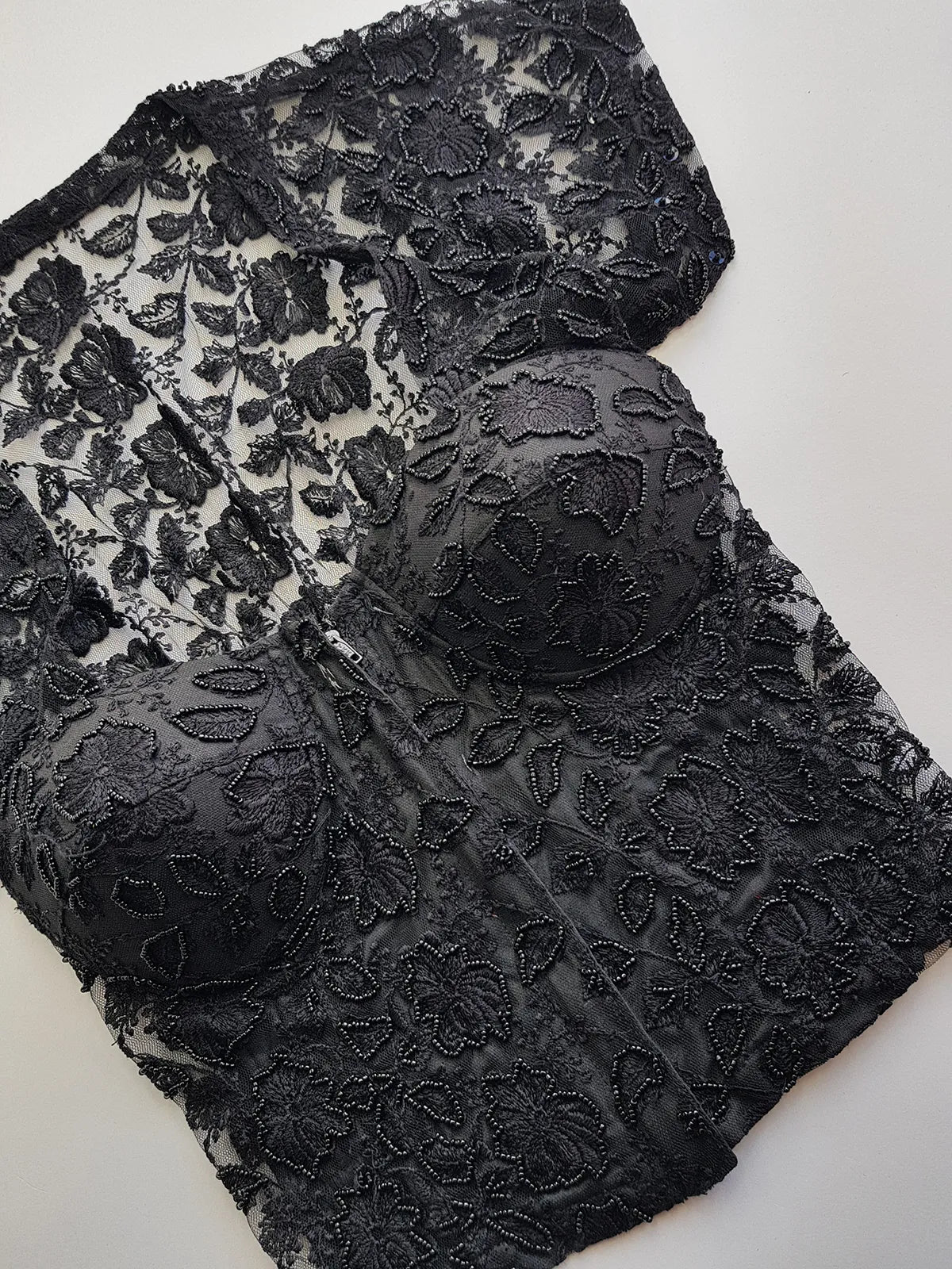 1990s Romantic Vintage Corset Top Lace & Hand Beaded - Knockout for Evening - Black Lace & Beads