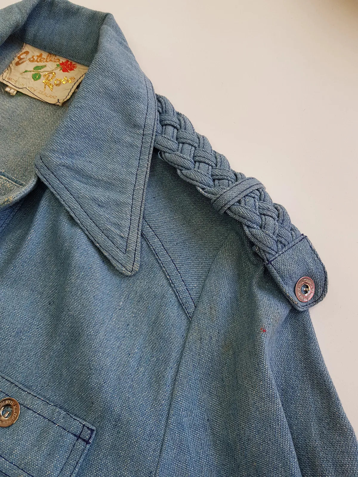 1970s Braided Cowgirl Aged Denim Shirt - Perfectly Faded Light Blue - Braided Feature Shoulders - Perfect Tailoring