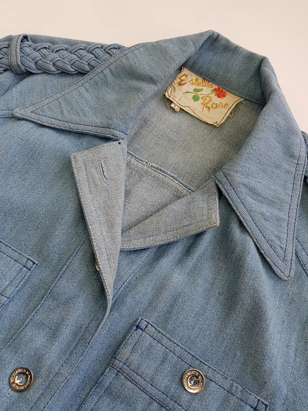 1970s Braided Cowgirl Aged Denim Shirt - Perfectly Faded Light Blue - Braided Feature Shoulders - Perfect Tailoring