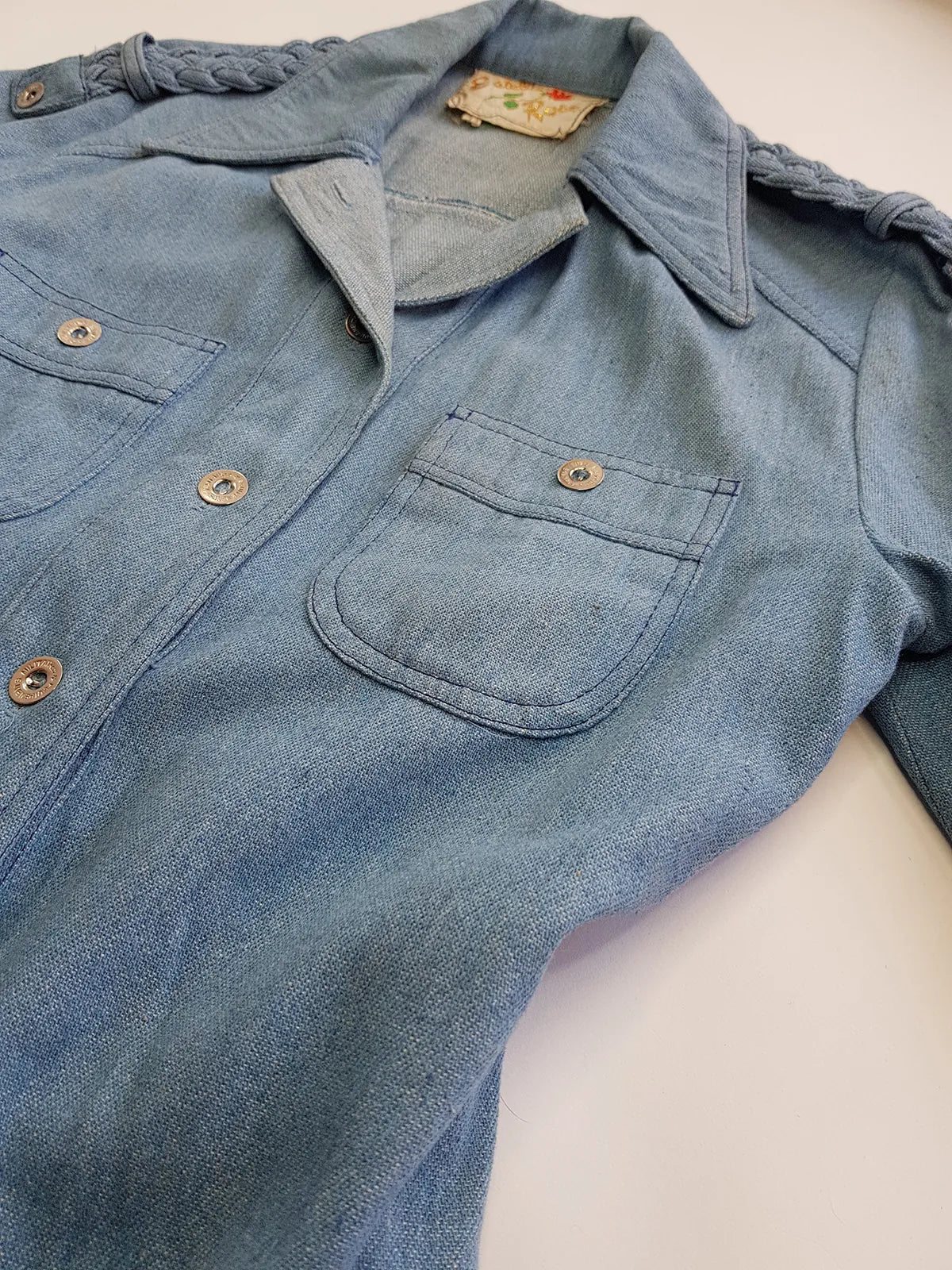 1970s Braided Cowgirl Aged Denim Shirt - Perfectly Faded Light Blue - Braided Feature Shoulders - Perfect Tailoring