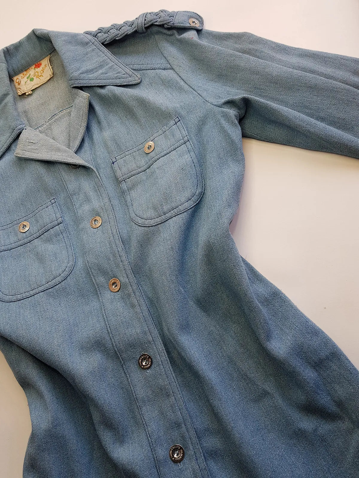 1970s Braided Cowgirl Aged Denim Shirt - Perfectly Faded Light Blue - Braided Feature Shoulders - Perfect Tailoring