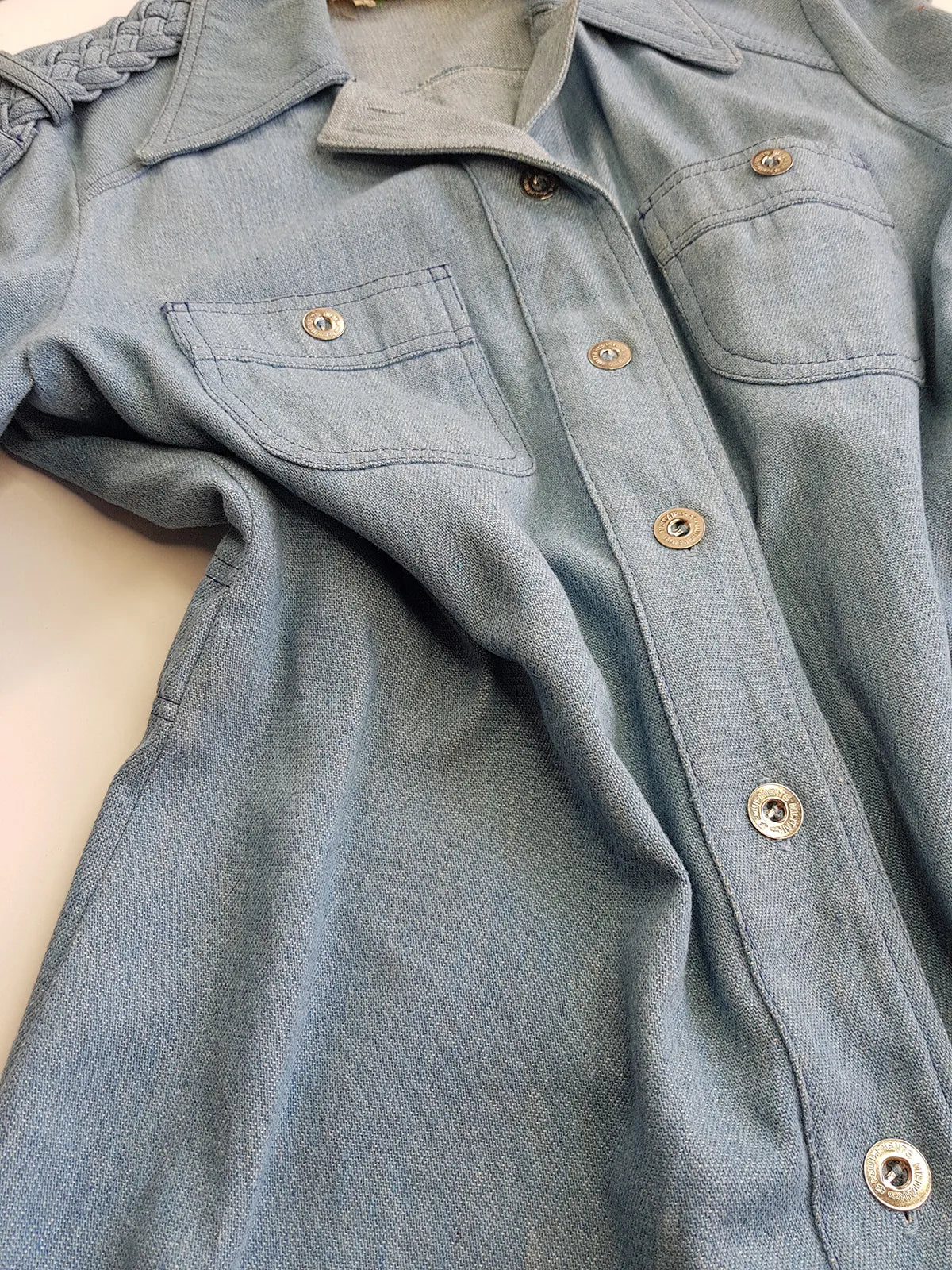 1970s Braided Cowgirl Aged Denim Shirt - Perfectly Faded Light Blue - Braided Feature Shoulders - Perfect Tailoring