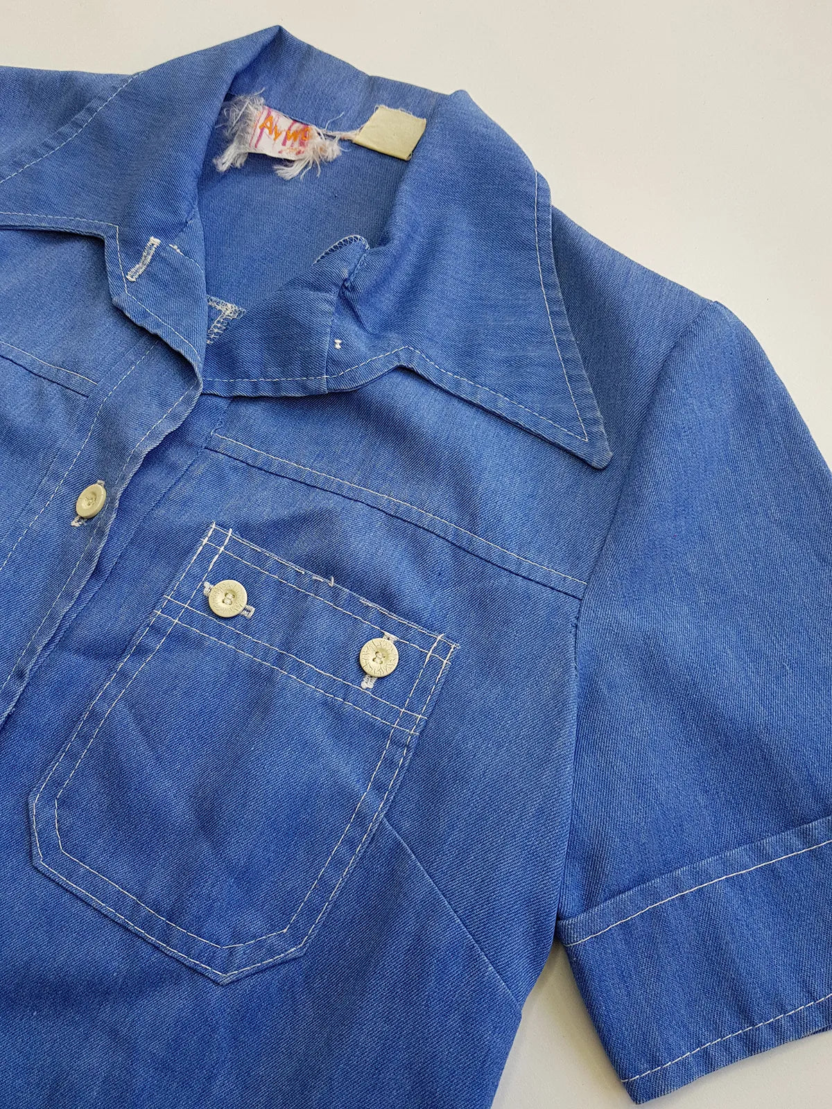 1970s Faded & Aged Vintage Uniform Style Denim Shirt - Perfectly Faded Light Blue - Tailored for a sleek fit
