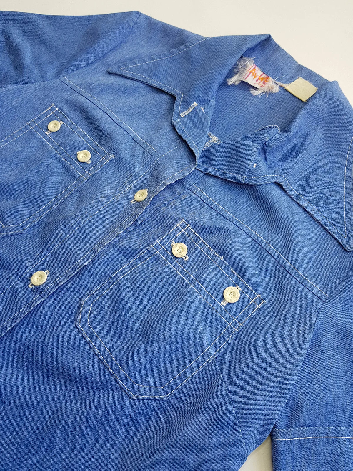 1970s Faded & Aged Vintage Uniform Style Denim Shirt - Perfectly Faded Light Blue - Tailored for a sleek fit