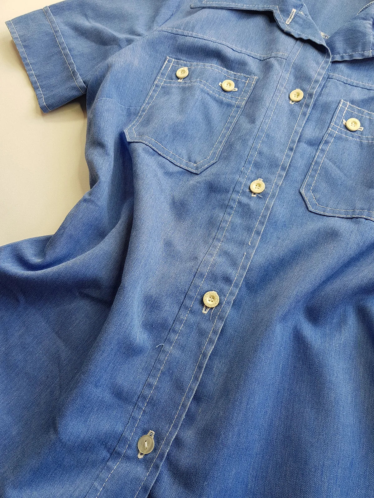 1970s Faded & Aged Vintage Uniform Style Denim Shirt - Perfectly Faded Light Blue - Tailored for a sleek fit