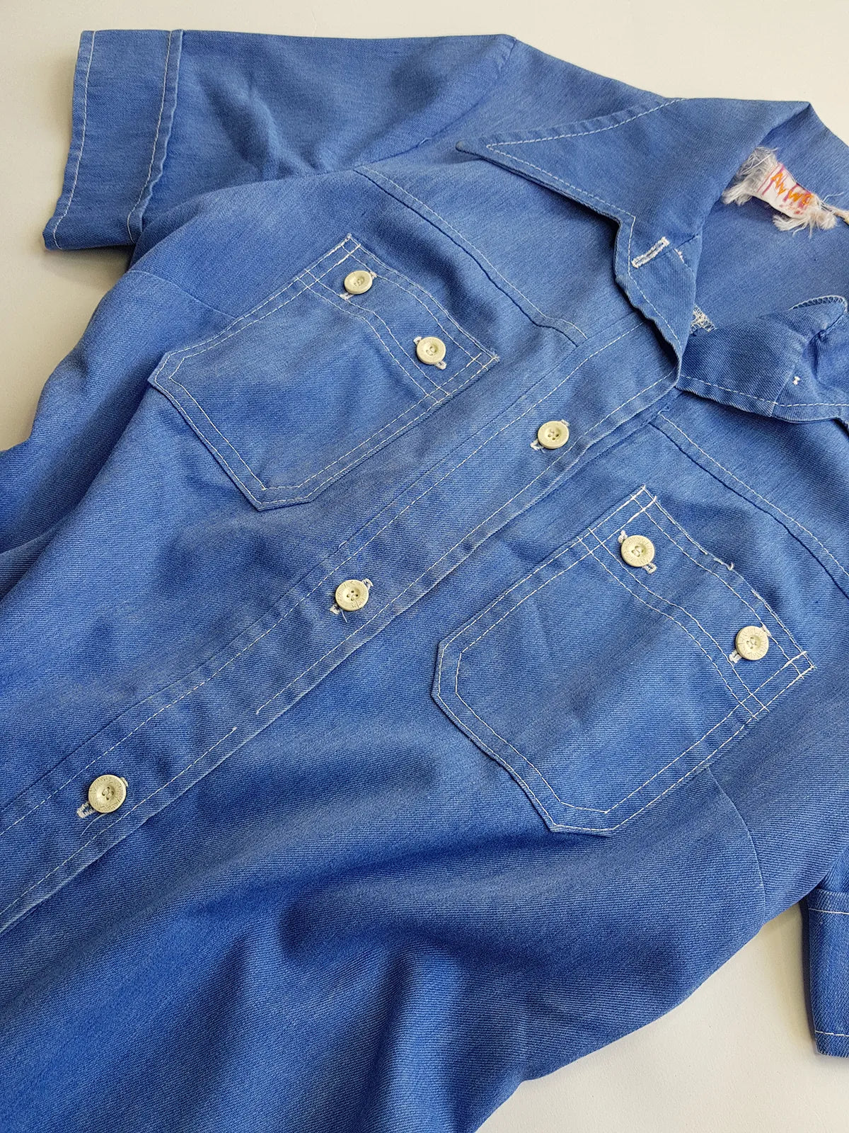 1970s Faded & Aged Vintage Uniform Style Denim Shirt - Perfectly Faded Light Blue - Tailored for a sleek fit