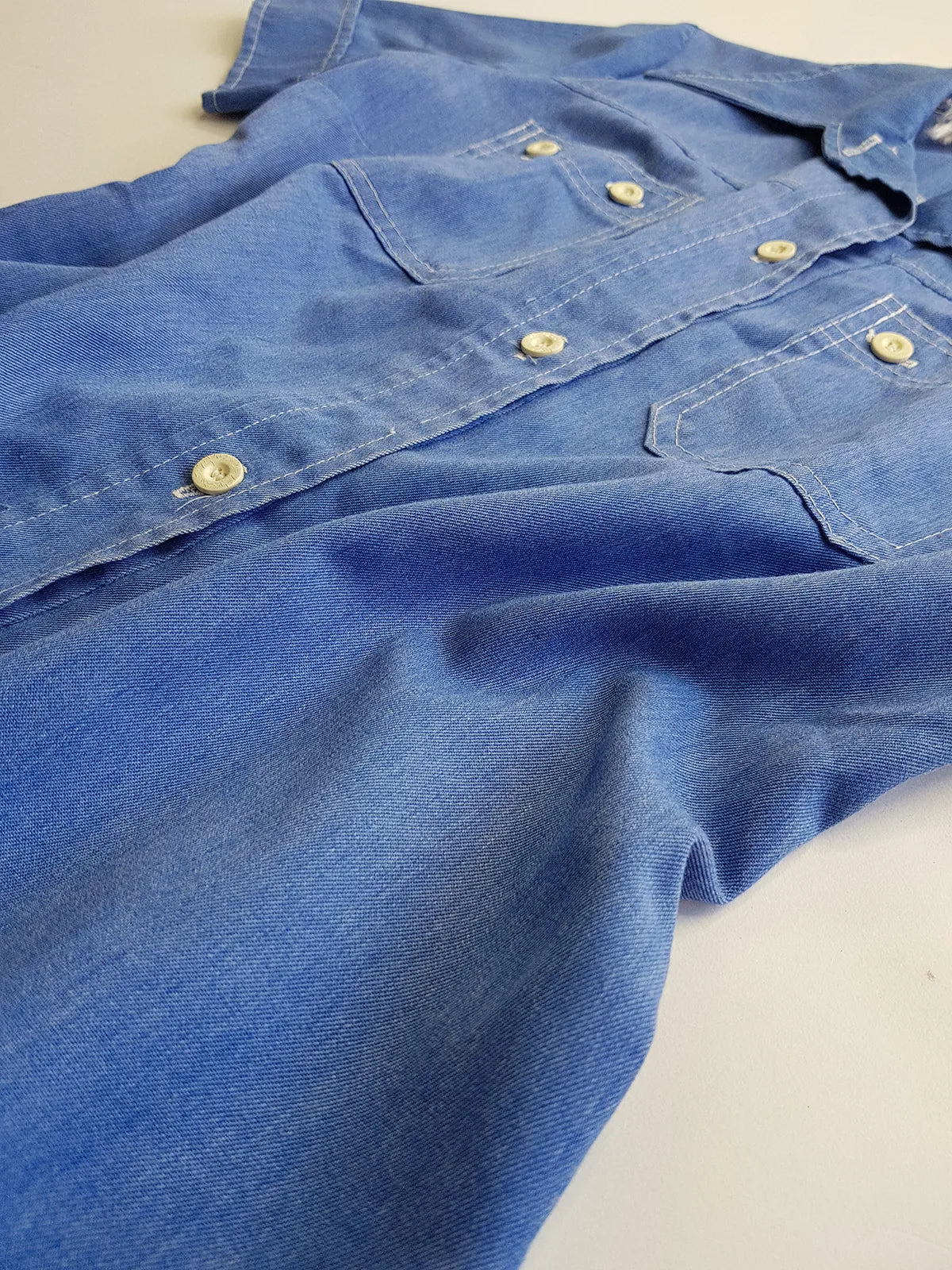 1970s Faded & Aged Vintage Uniform Style Denim Shirt - Perfectly Faded Light Blue - Tailored for a sleek fit