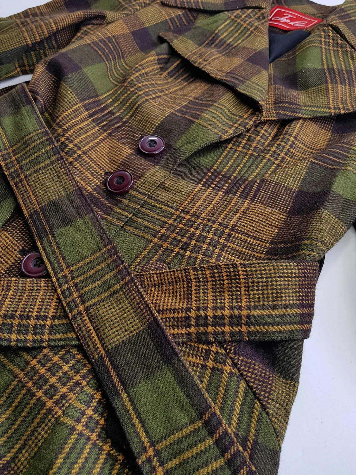 1970s Couture Tailoring Plaid Wool Coat - Absolute Perfection - Very Vivienne Westwood Style- Olive Green Mustard Tones - Stiff Collar & Beautifully Cut Pockets