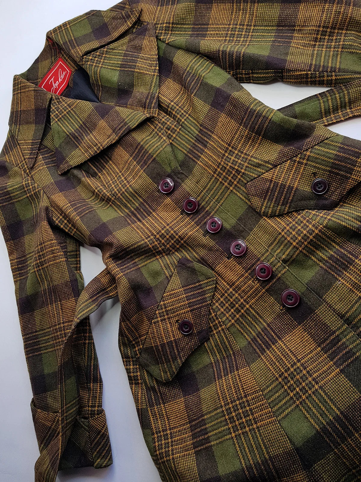 1970s Couture Tailoring Plaid Wool Coat - Absolute Perfection - Very Vivienne Westwood Style- Olive Green Mustard Tones - Stiff Collar & Beautifully Cut Pockets