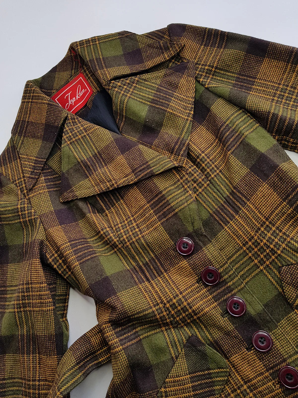 1970s Couture Tailoring Plaid Wool Coat - Absolute Perfection - Very Vivienne Westwood Style- Olive Green Mustard Tones - Stiff Collar & Beautifully Cut Pockets
